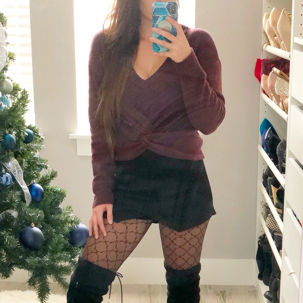Express Maroon Twisted Front Cropped Sweater